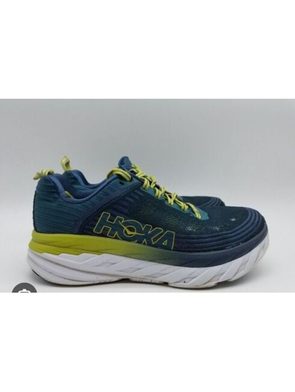Size 11,5 Hoka One One BONDI 6 Men's Running Shoes, Blue with Yellow Accents,